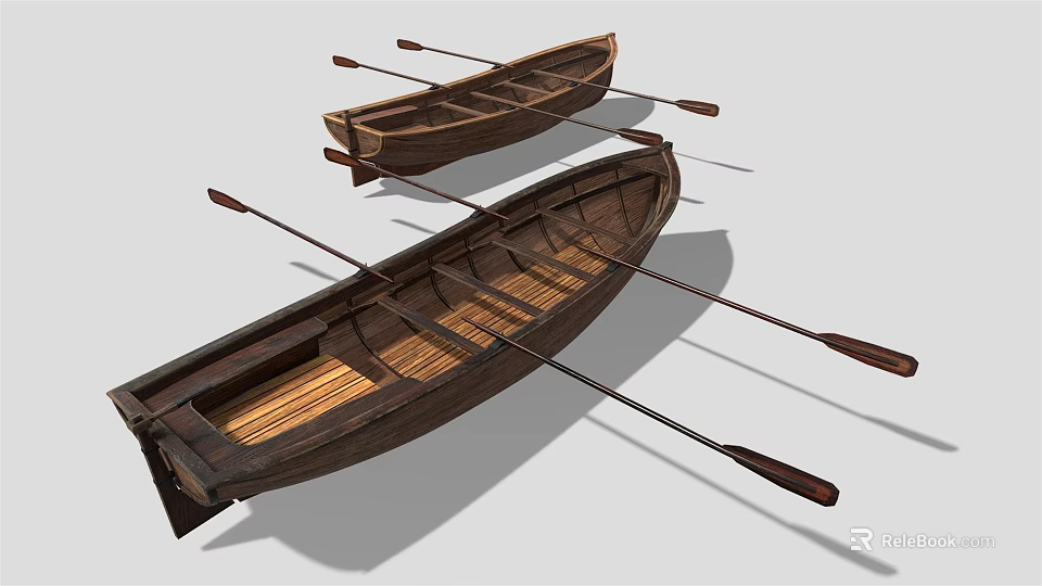 Wooden Boats With Traditional Wooden Structure And Oars Featuring Wooden Seats And Planks 3d model 