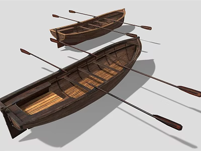 Wooden Boats With Traditional Wooden Structure And Oars Featuring Wooden Seats And Planks 3d model