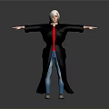 White Haired Woman in Black Long Coat Red Top and Blue Jeans with Arms Outstretched