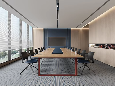 Modern Conference Room Interior With Long Table Black Chairs Large Windows Blinds And Wooden Walls 3d model