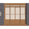 Wooden Sliding Doors With Lattice Design In Architectural Gray Wall And Wall Lanterns