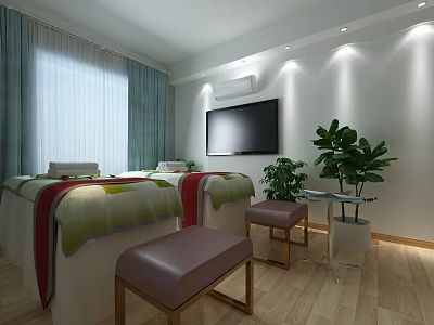 Beauty Salon Interior With Colorful Striped Beauty Beds Brown Stools Green Plants And Recessed Lighting 3d model