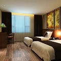 Cozy Hotel Guest Room with King Bed Decorative Paintings Wooden Flooring Desk Chair and TV