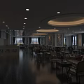 Elegant Spacious Restaurant Interior With Circular Ceiling Lights Decorative Paintings And Dining Tables Chairs