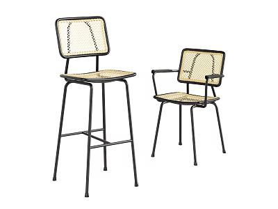 Modern Bar Stools Featuring Rattan Seats And Black Metal Frames Design 3d model