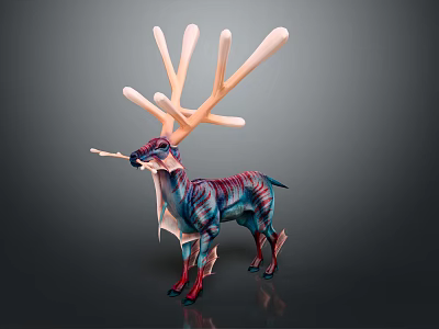Fantasy Deer Artwork With White Multi Branch Antlers And Blue Red Striped Body 3d model