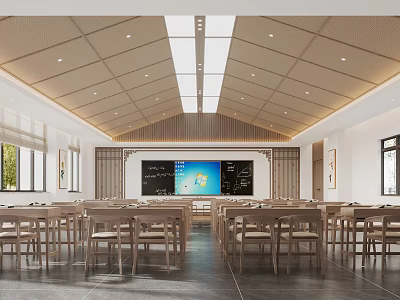 Traditional Style School Classroom Interior With Wooden Desks And Skylight 3d model