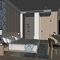 Modern Hotel Guest Room With King Bed Blue White Patterned Decor Wooden Furniture And TV