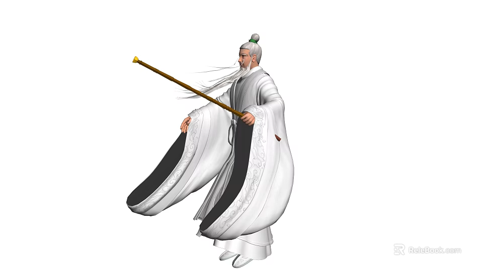 White Haired Game And Movie Character In White Robes With Black Lining Holding Golden Staff 3d model 