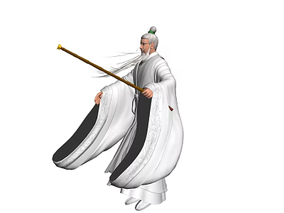 White Haired Game And Movie Character In White Robes With Black Lining Holding Golden Staff 3d model