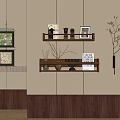 Modern Interior Wall With Wooden Shelves Photo Frames And Branch Decor