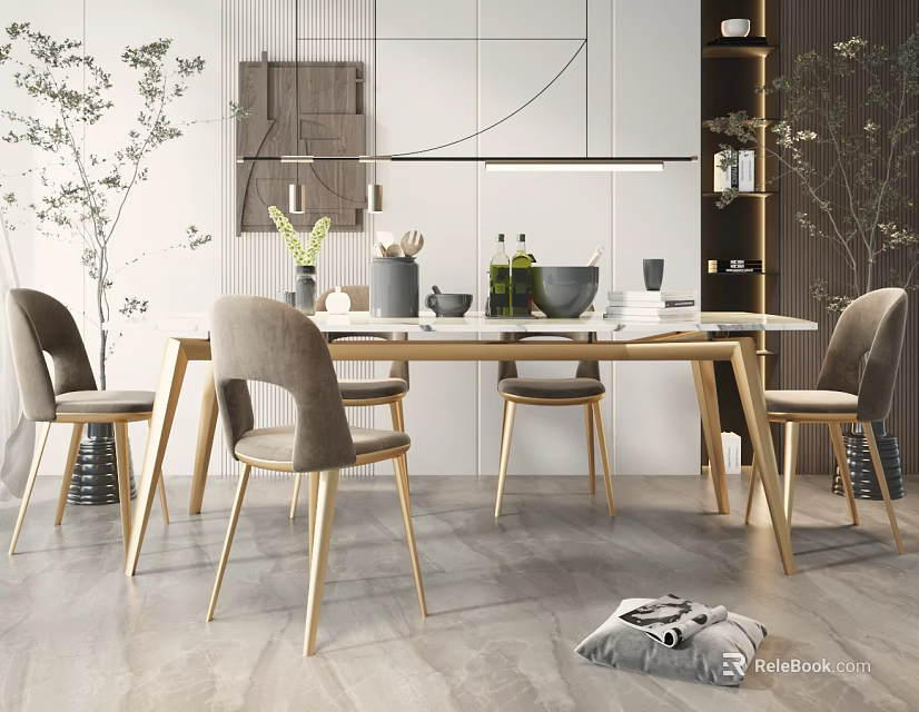 Modern Dining Table Set With Beige Chairs And Minimalist Decorative Elements 3d model