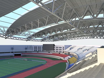 Sports Fitness Stadium With Running Track Football Field Seats Steel Roof And Skylights 3d model