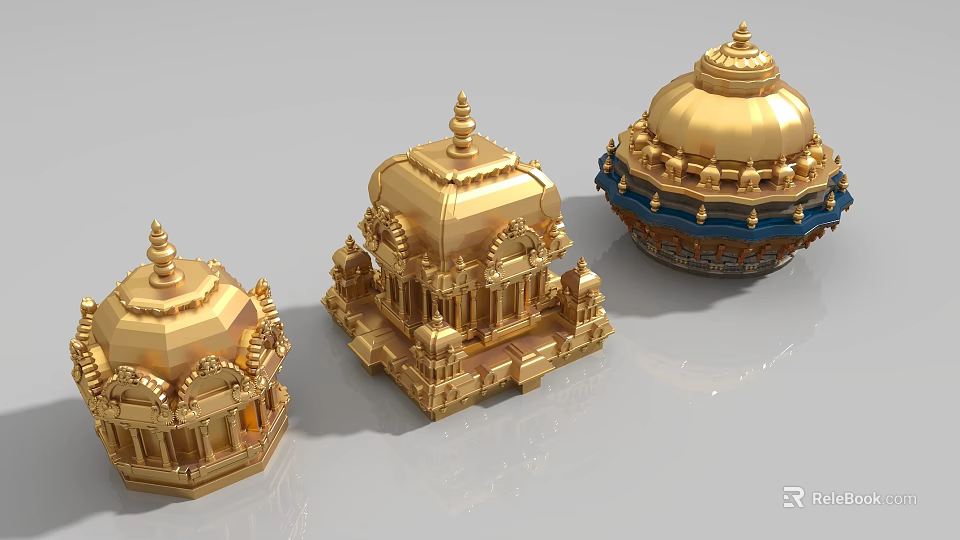 Traditional Golden Architectural Components With Intricate Carvings And Decorative Domes 3d model 