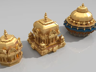 Traditional Golden Architectural Components With Intricate Carvings And Decorative Domes 3d model