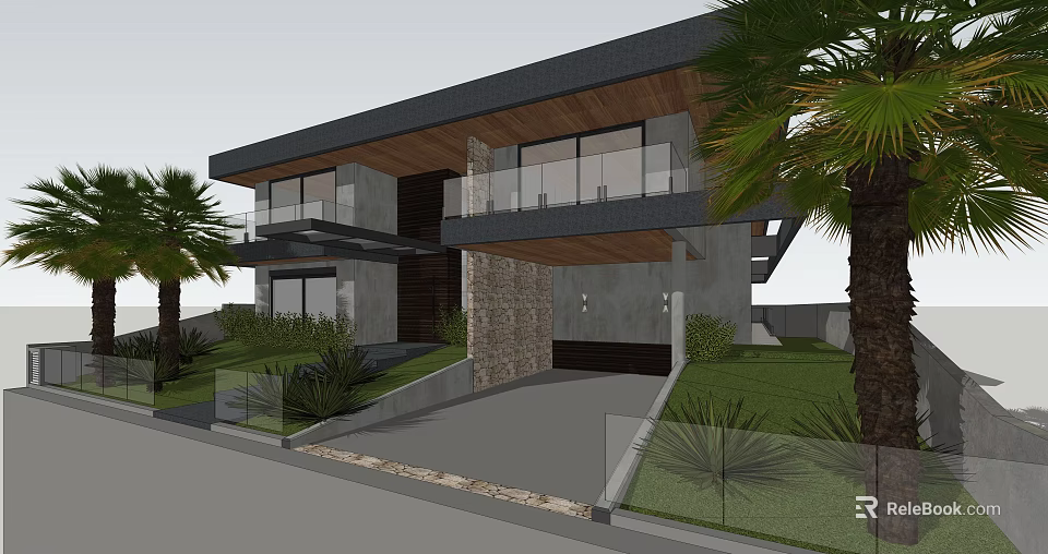 Modern Detached Villa Featuring Large Glass Windows Gray Roof Palm Trees Stone Wall And Lawn 3d model 