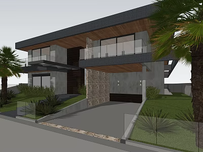 Modern Detached Villa Featuring Large Glass Windows Gray Roof Palm Trees Stone Wall And Lawn 3d model