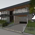 Modern Detached Villa Featuring Large Glass Windows Gray Roof Palm Trees Stone Wall And Lawn
