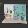 Toy Kitchen Interior Scene With Turquoise Cabinets Small Table And Utensils 3d model