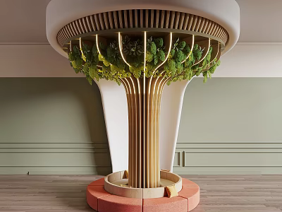 Modern Decorative Pillar Design With Wooden Frame Hanging Green Plants And Round Base 3d model