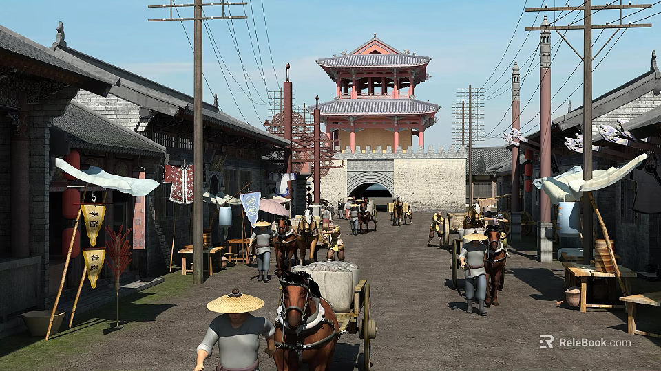 Cartoon Scene Showcasing Ancient Style Street With Traditional Architecture Horse Drawn Cart Pedestrians And Lanterns 3d model 
