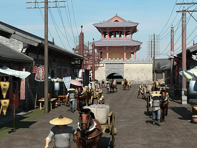 Cartoon Scene Showcasing Ancient Style Street With Traditional Architecture Horse Drawn Cart Pedestrians And Lanterns 3d model