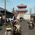 Cartoon Scene Showcasing Ancient Style Street With Traditional Architecture Horse Drawn Cart Pedestrians And Lanterns