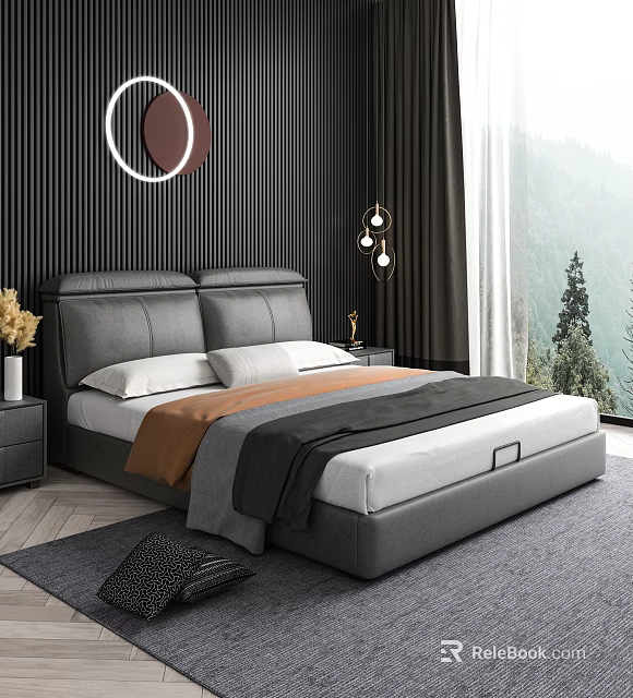 Modern Double Bed Interior With Leather Headboard White Bedding And Window View 3d model