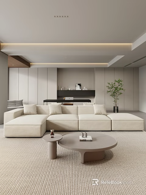 Modern Beige L-shaped Sofa Coffee Table Set with Round Table Wooden Accents and Green Plant 3d model 