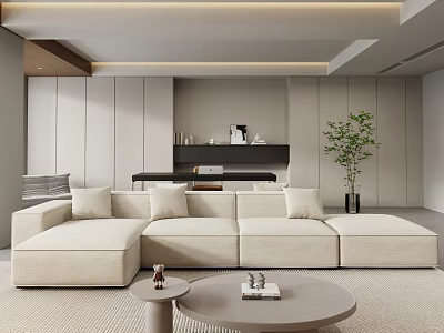Modern Beige L-shaped Sofa Coffee Table Set with Round Table Wooden Accents and Green Plant 3d model