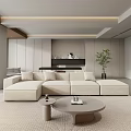 Modern Beige L-shaped Sofa Coffee Table Set with Round Table Wooden Accents and Green Plant