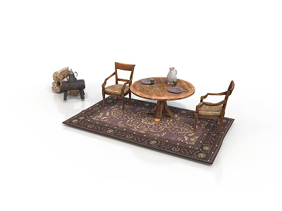 Rustic Living Area Interior With Wooden Round Table Vintage Chairs And Patterned Rug 3d model