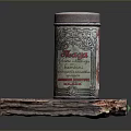 Vintage Tea Tin With Label Placed On Rustic Wooden Board Surface