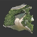 Lush Green Natural Landscape With Central Blue Water Body And Sandy Shore Areas