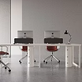 Modern White Office Desk Setup With Computer Monitors Red Office Chairs And Desk Lamp