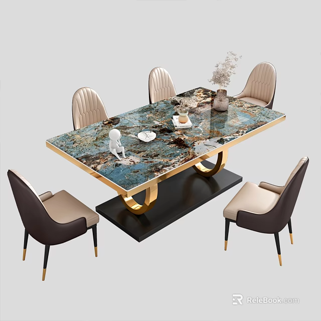 Modern Luxury Dining Table and Chairs Set with Marble Tabletop Gold Frame and Beige Seats 3d model 