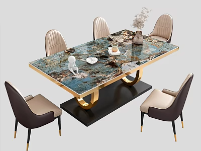 Modern Luxury Dining Table and Chairs Set with Marble Tabletop Gold Frame and Beige Seats 3d model