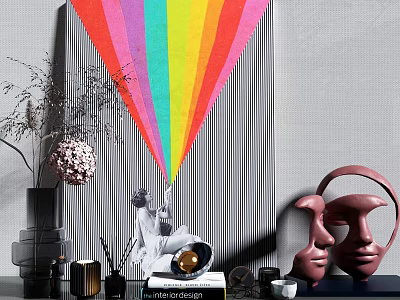 Artistic Decorative Ornament Set With Abstract Painting Sculpture Face Mask Vase And Dried Flowers 3d model