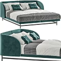Modern Green Velvet Upholstered Double Bed With Houndstooth Pattern Sheets And Velvet Pillows