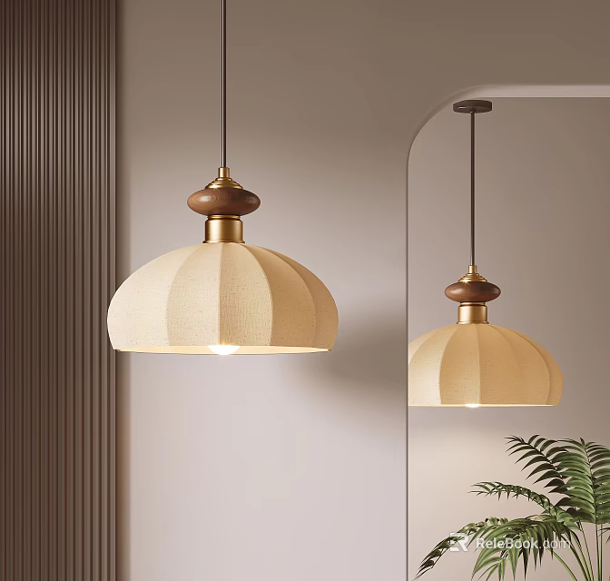 Modern Pendant Lights With Beige Fabric Shade Wooden Top Brass Base And Arched Mirror 3d model 