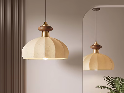 Modern Pendant Lights With Beige Fabric Shade Wooden Top Brass Base And Arched Mirror 3d model