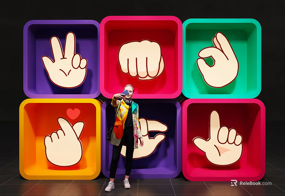 Person Standing In Front Of Colorful Square Panels With Hand Gesture Designs 3d model 