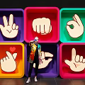Person Standing In Front Of Colorful Square Panels With Hand Gesture Designs