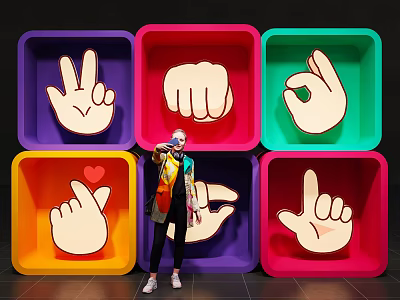 Person Standing In Front Of Colorful Square Panels With Hand Gesture Designs 3d model
