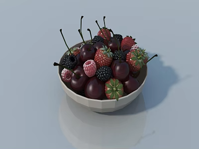 Ceramic Bowl Filled With Fresh Assorted Fruits Strawberries Cherries Blackberries on White Surface 3d model