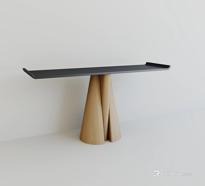 Modern Console Table With Black Top And Wooden Triangular Base Design 3d model 
