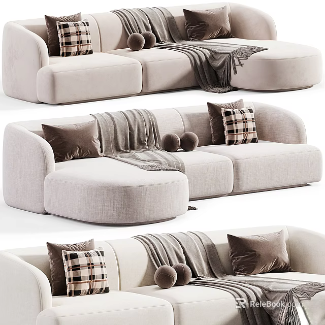 Light Beige Sectional Sofa With Plaid Pillows And Fuzzy Throw Blanket 3d model 
