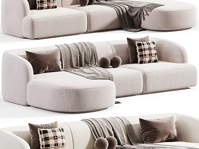 Light Beige Sectional Sofa With Plaid Pillows And Fuzzy Throw Blanket 3d model