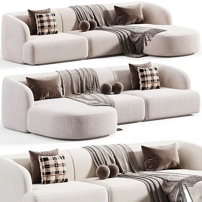 Light Beige Sectional Sofa With Plaid Pillows And Fuzzy Throw Blanket 3d model