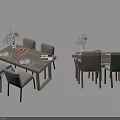 Wooden Dining Table Set With Matching Chairs And Tabletop Decor Including Vases And Fruits